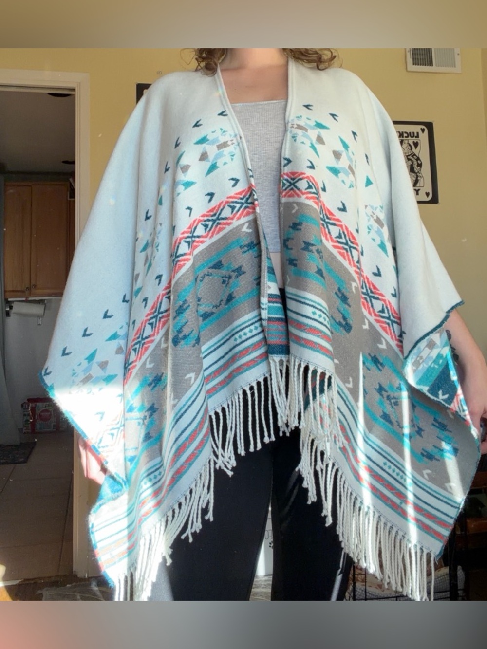 American Eagle Outfitters Aztec Fringe Poncho in Light Blue, Teal, Coral, Gray